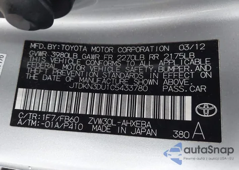 2012 Toyota Prius Two from USA, damaged, VIN JTDKN3DU1C5433780